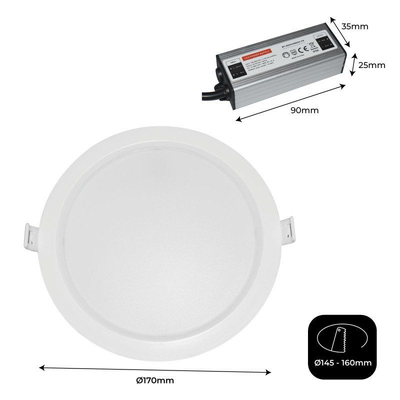 Spot LED encastrable rond étanche - IP65 - 15W - Coupe Ø 145-160mm