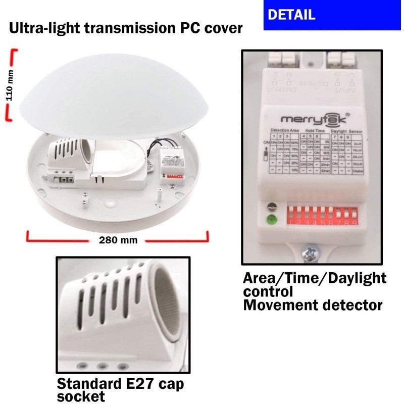 Plafonnier E27 avec capteur de mouvement IP44 Ultra Pratique