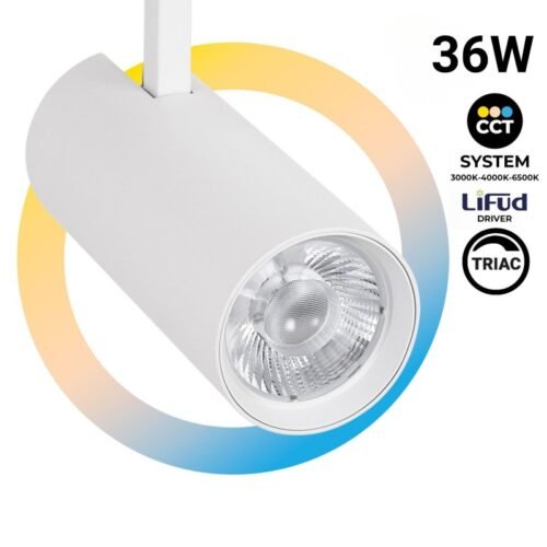 Projecteur LED sur rail monophasé – 36W – CCT réglable de 3000K à 6500K – dimmable TRIAC – CRI90