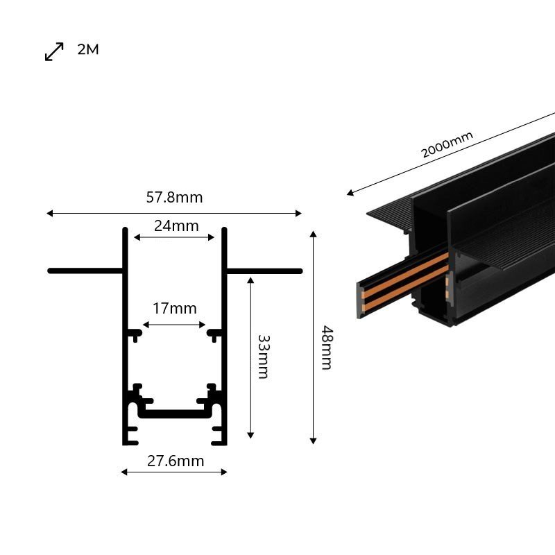 Rail magnétique encastrable - Plastique - 20 mm - 48V - 2 mètres