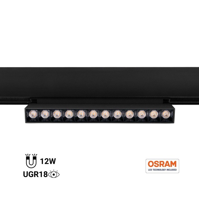 Spot LED linéaire orientable sur rail magnétique 48V - 12W - 2800K - Puce OSRAM - UGR18 - Noir