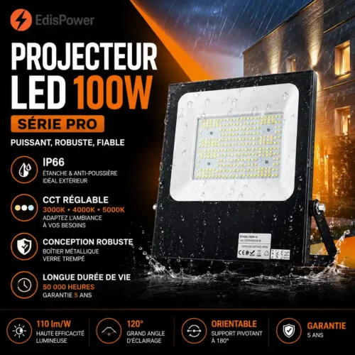 Projecteur LED 100W – Puissant IP66 – Extérieur Pro