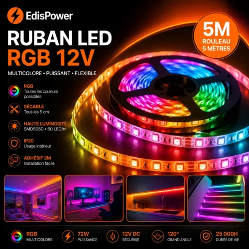 Ruban LED RGB 12V – 72W Haute Performance – 5M