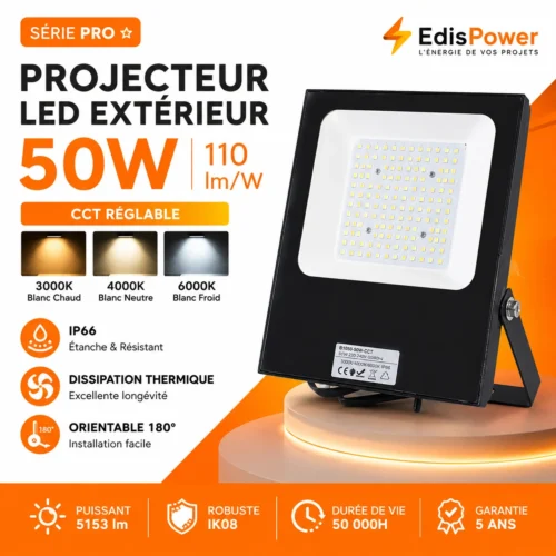 Projecteur LED extérieur 50W – Puissant IP66 Pro