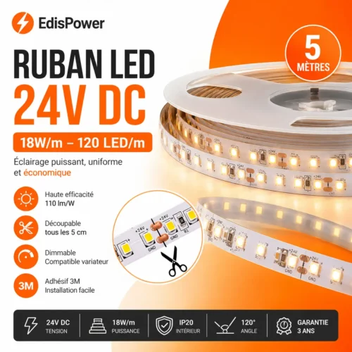 Ruban LED 24V 18W/m – Haute Performance – Intérieur