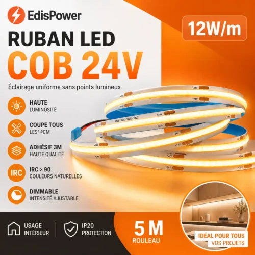 Ruban LED COB 24V 8mm – 12W/m Haute Performance – Intérieur