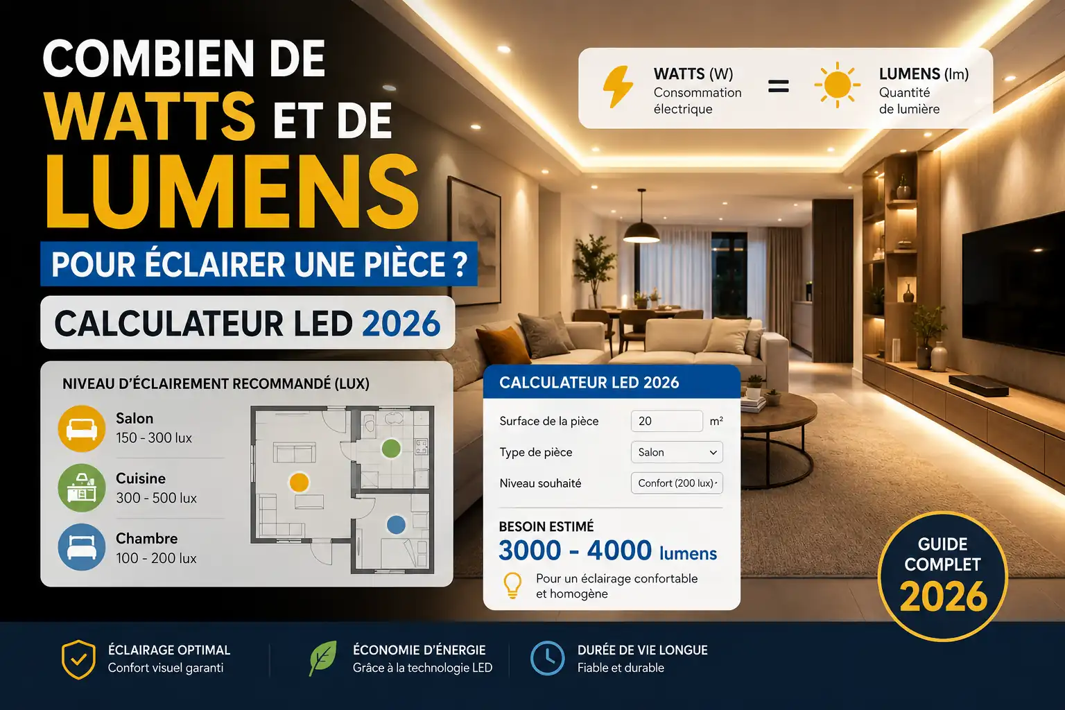 Combien de Watts et de Lumens pour Éclairer une Pièce ? Calculateur LED 2026