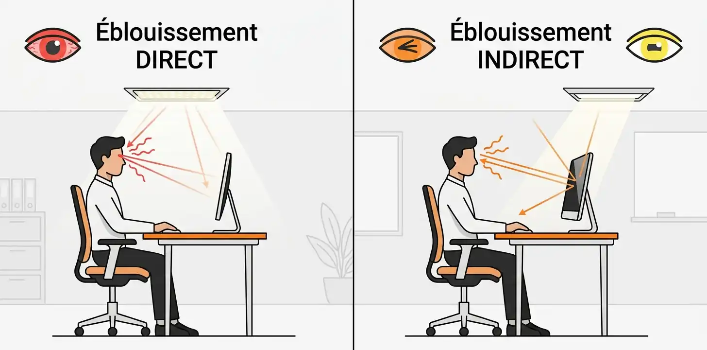 Schéma comparatif montrant l'éblouissement direct d'un luminaire vers l'oeil et l'éblouissement indirect par réflexion sur un écran d'ordinateur