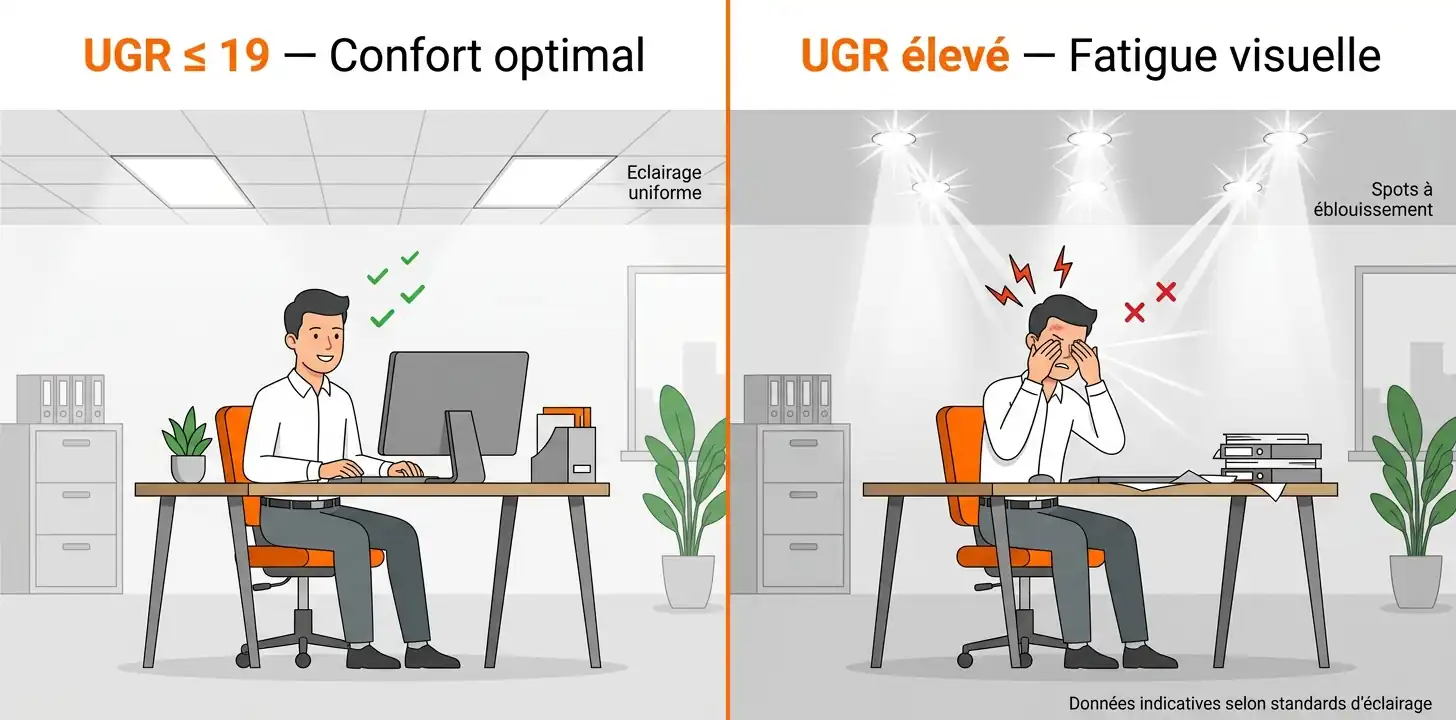 Illustration comparant un employé de bureau confortable sous éclairage UGR 19 et un employé fatigué se frottant les yeux sous éclairage éblouissant UGR élevé