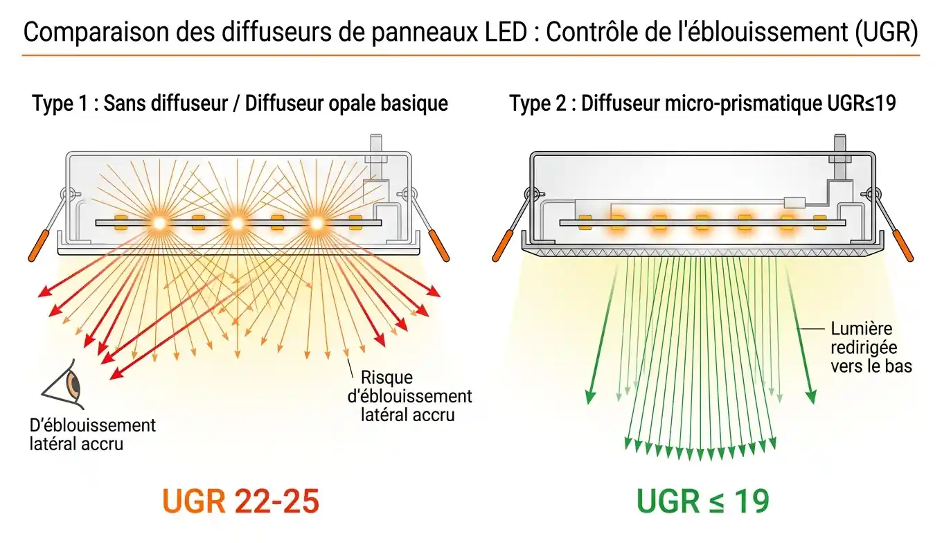 Schéma en coupe comparant un panneau LED sans diffuseur avec points lumineux visibles et éblouissement latéral vs panneau LED avec diffuseur micro-prismatique qui redirige la lumière vers le bas UGR 19