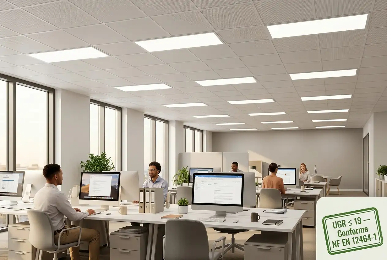 Photo réaliste d'un open space de bureau moderne avec panneaux LED encastrables UGR 19 au plafond, lumière uniforme sans éblouissement, employés travaillant confortablement sur ordinateurs