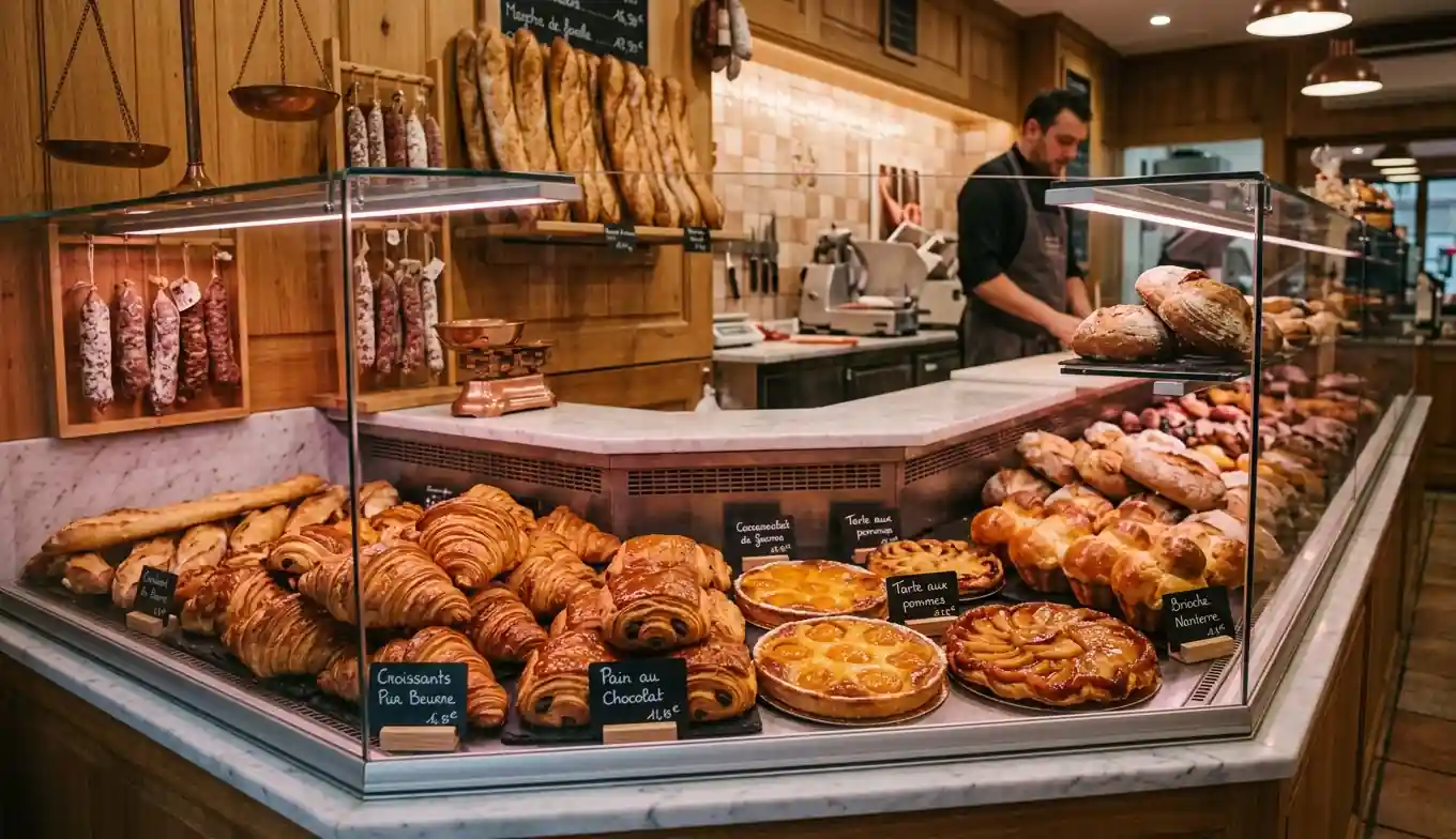 Boulangerie française éclairage LED blanc chaud 2700K croissants dorés appétissants