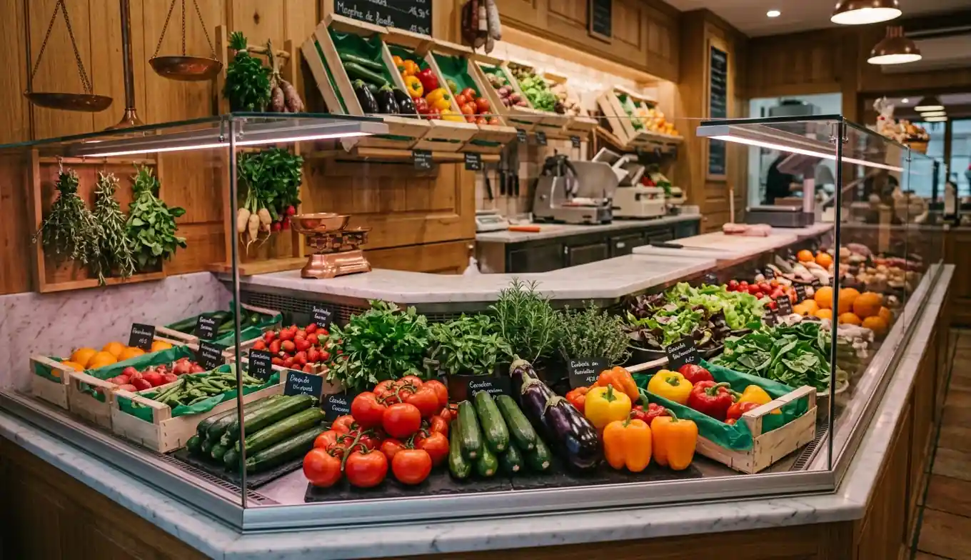 Étal fruits légumes éclairage LED blanc neutre 4000K couleurs naturelles fraîcheur