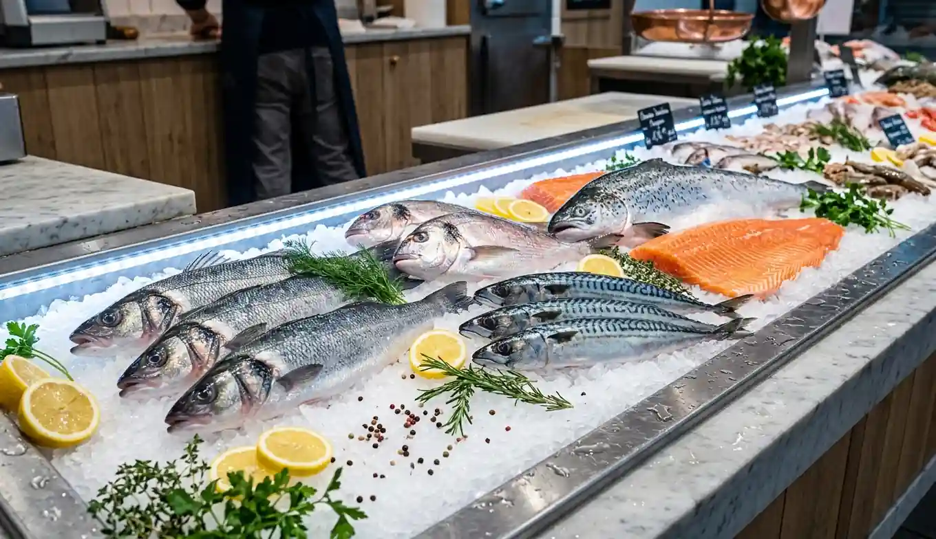 Étal poissonnerie éclairage LED blanc froid 6000K poisson frais sur glace