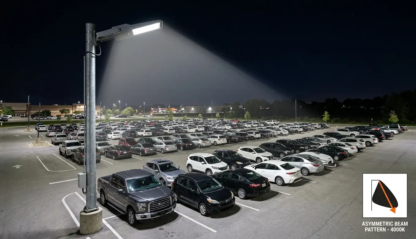 Projecteur LED asymétrique monté sur poteau éclairant un parking extérieur avec faisceau directionnel vers le bas sans éblouissement