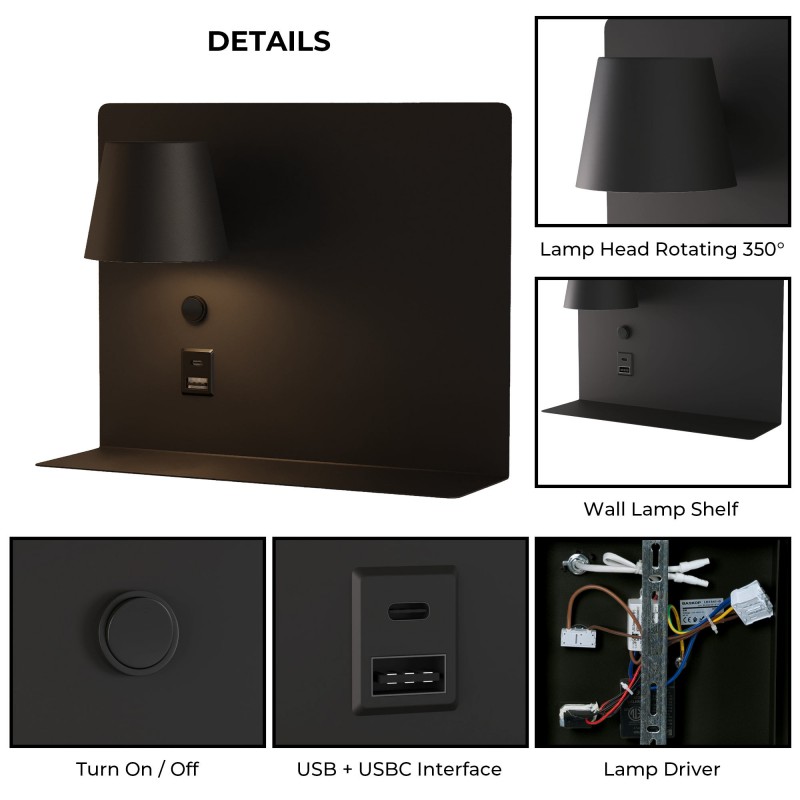 Liseuse murale avec port USB et USBC "BASKOP" - 6W - 2700K 8 Liseuse murale avec port USB et USBC "BASKOP" - 6W - 2700K – Image 8